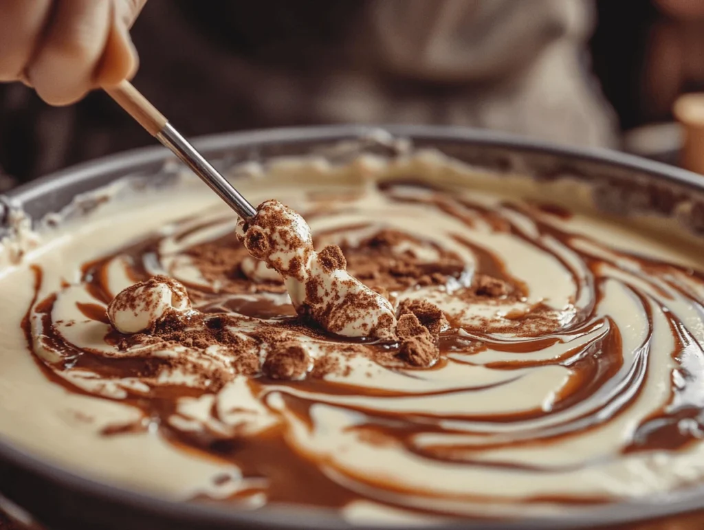 Swirling cinnamon filling into cheesecake batter for a marbled effect.