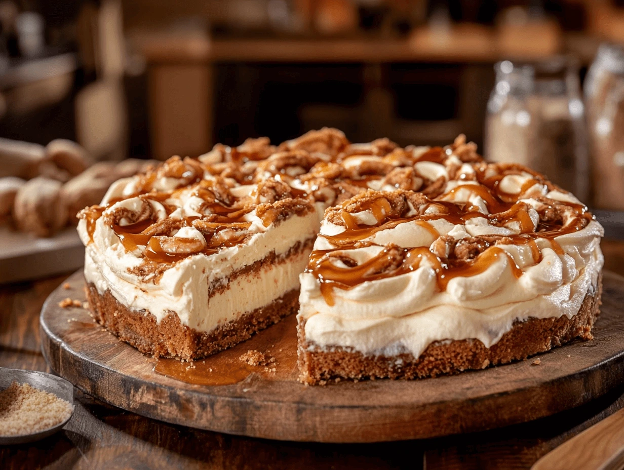 Cinnamon roll cheesecake recipe – full cheesecake with swirled cinnamon layers and cream cheese frosting.