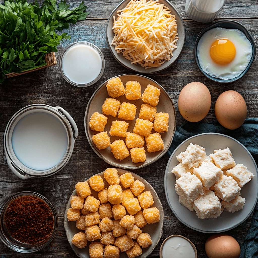 Flat lay of ingredients for tater tot breakfast casserole, including tater tots, eggs, cheese, milk, and spices arranged on a rustic wooden table.