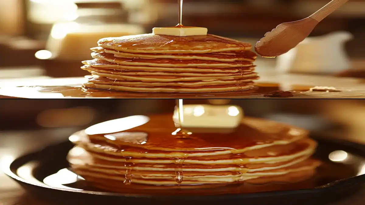 A stack of fluffy pancakes drizzled with syrup and topped with butter, showcasing delicious ways to enhance pancake mix.