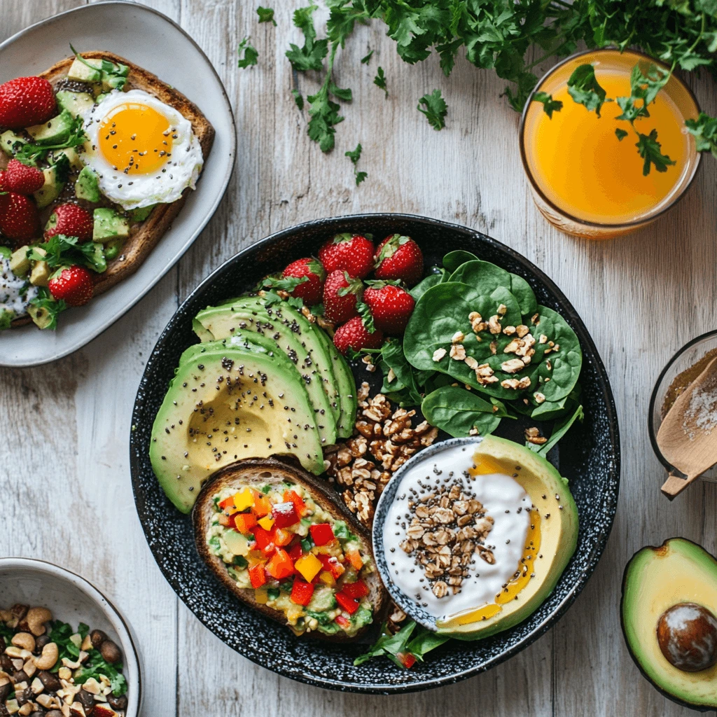 A colorful breakfast spread featuring avocado toast, overnight oats with berries, and a green smoothie on a rustic wooden table.