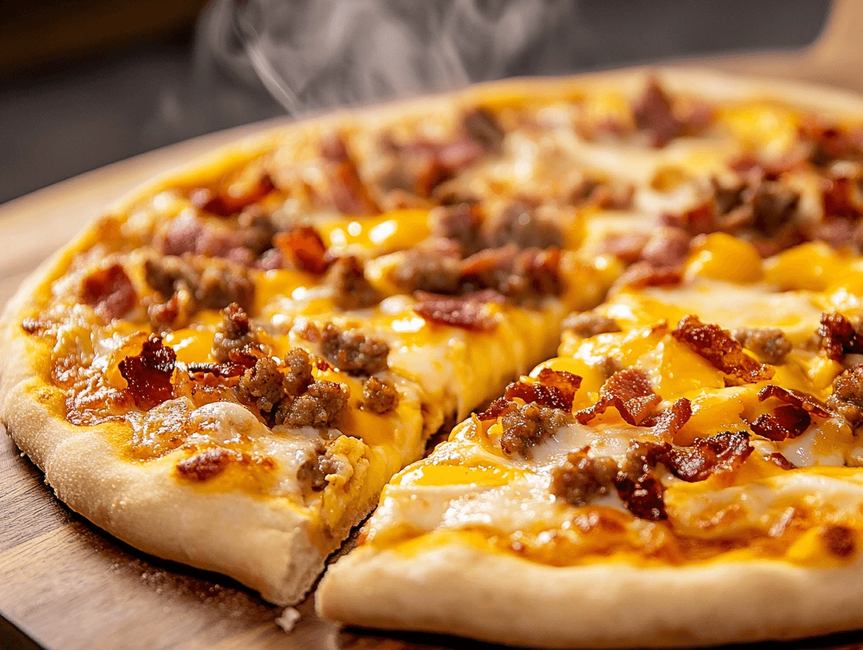 Close-up of Casey’s breakfast pizza topped with scrambled eggs, cheese, and sausage.