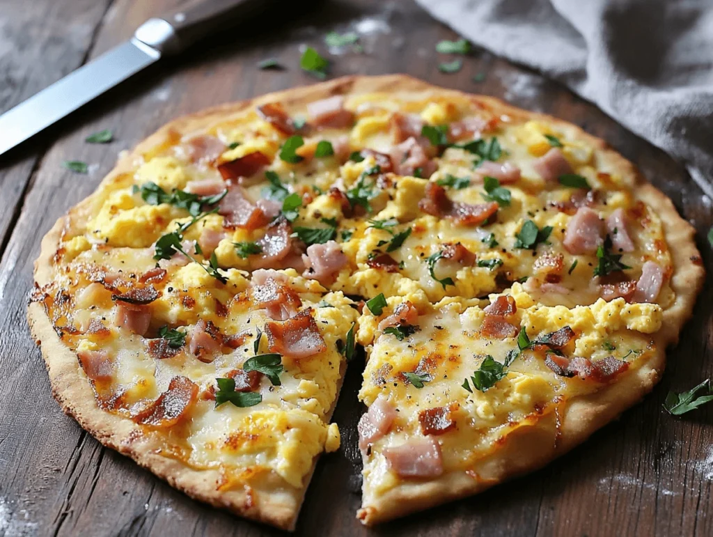 A slice of school breakfast pizza with eggs, sausage, and cheese on a cafeteria tray.