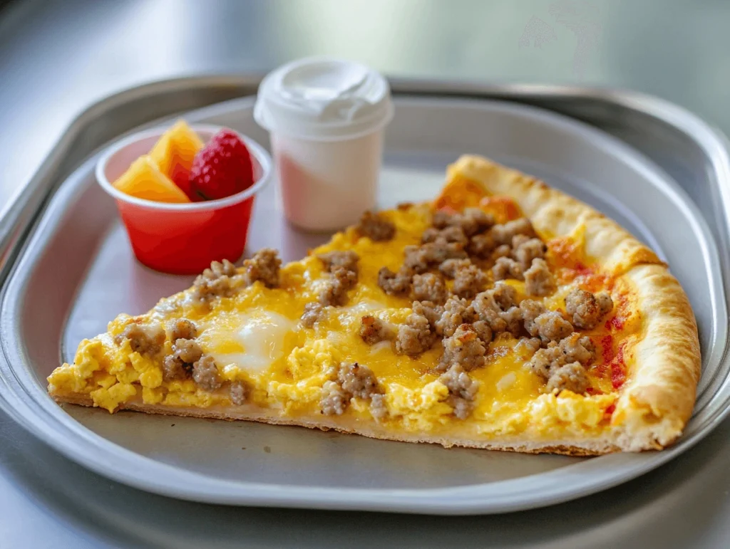 Homemade breakfast pizza with scrambled eggs, ham, bacon, and cheese, served on a wooden table.