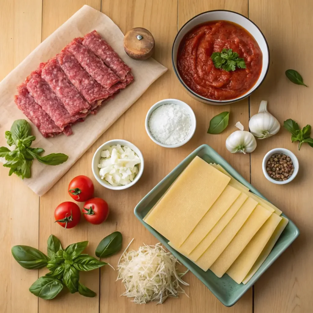 Alt Text: Best Homemade Lasagna Recipe – Fresh ingredients including pasta, cheese, meat, tomato sauce, and basil, ready for cooking.