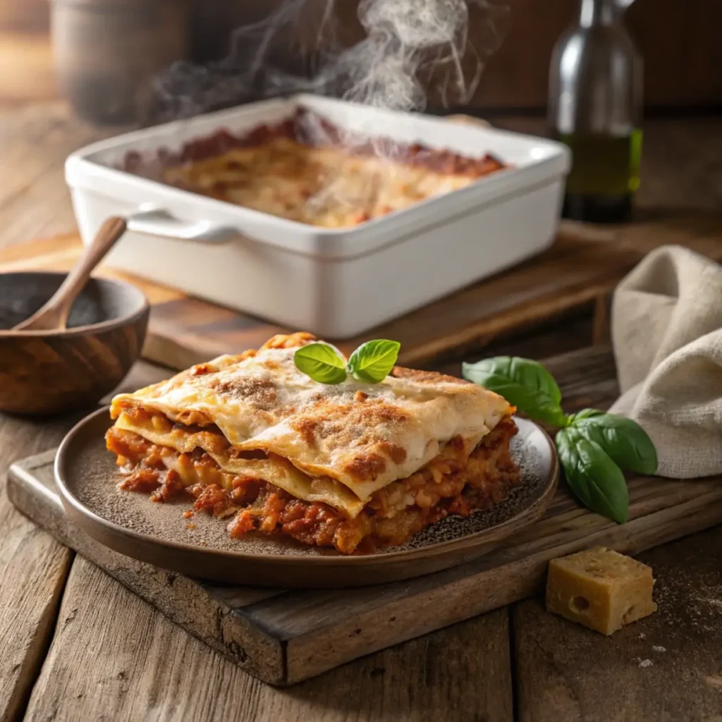 Best Homemade Lasagna Recipe – A freshly baked lasagna with golden, bubbling cheese, rich meat sauce, and fresh basil garnish in a rustic kitchen.