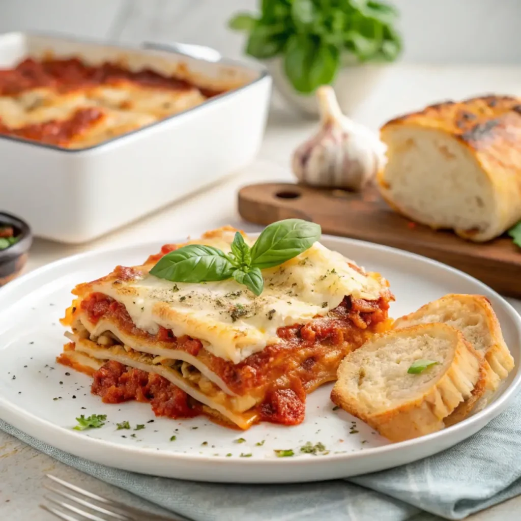 Best Homemade Lasagna Recipe – A slice of lasagna with rich layers of meat sauce, creamy cheese, and fresh basil, served with garlic bread.