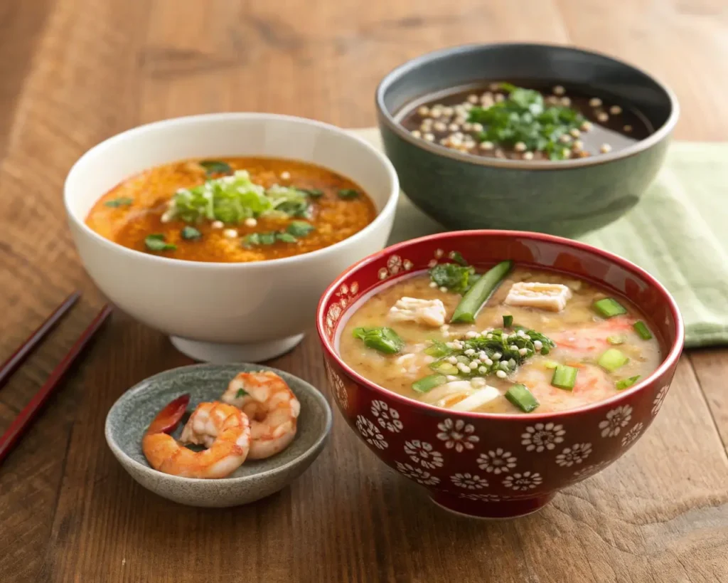 "Three bowls of miso soup showcasing classic, spicy, and seafood variations."

