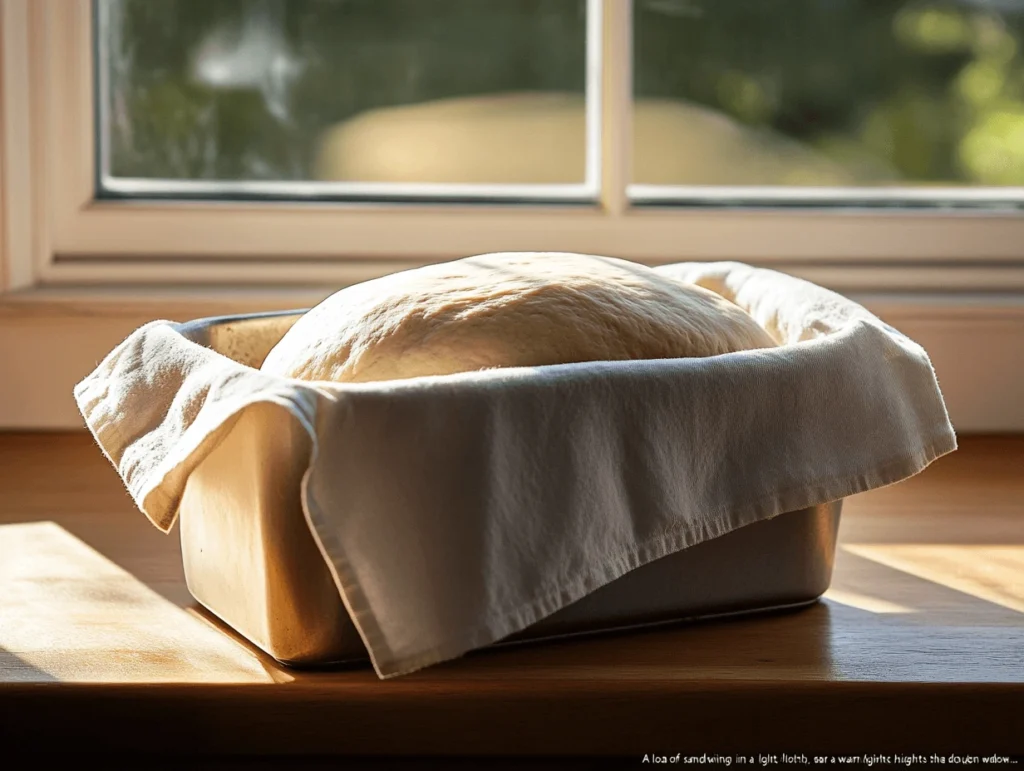 Bread dough rising in a loaf pan near a kitchen window.