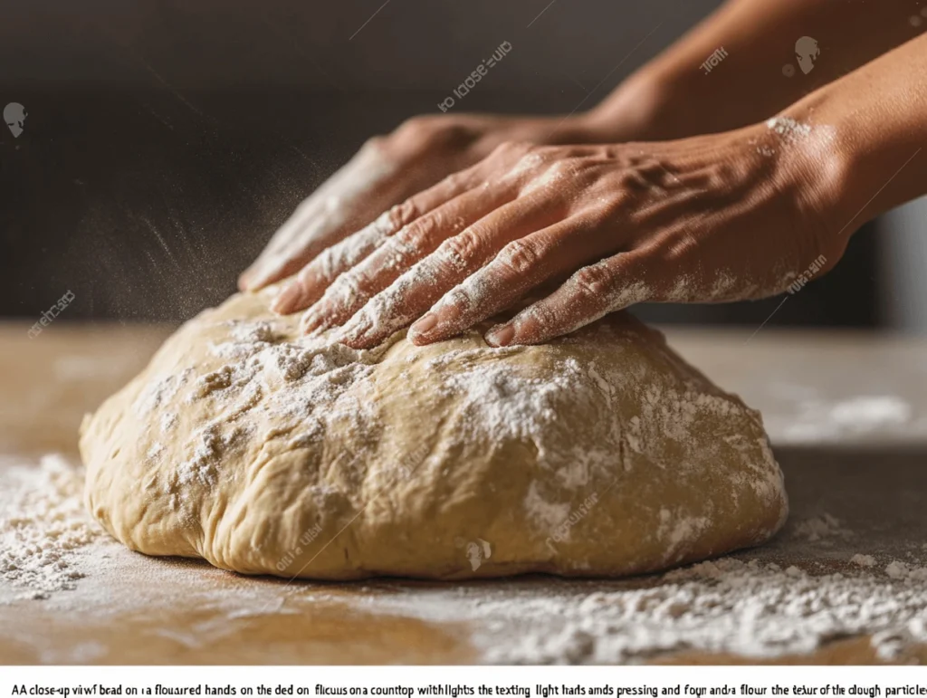 Hands kneading soft sandwich bread dough on a floured surface.