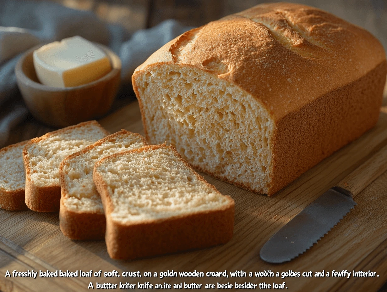 Freshly baked loaf of soft sandwich bread with slices cut to show the fluffy texture.