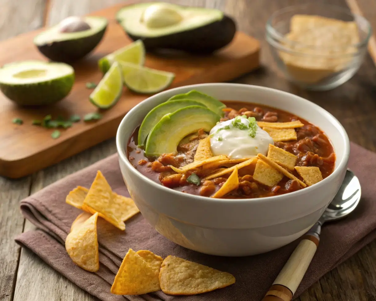 A bowl of taco soup topped with crunchy Fritos, melted cheese, avocado slices, and sour cream, served with cornbread and lime on a rustic table."