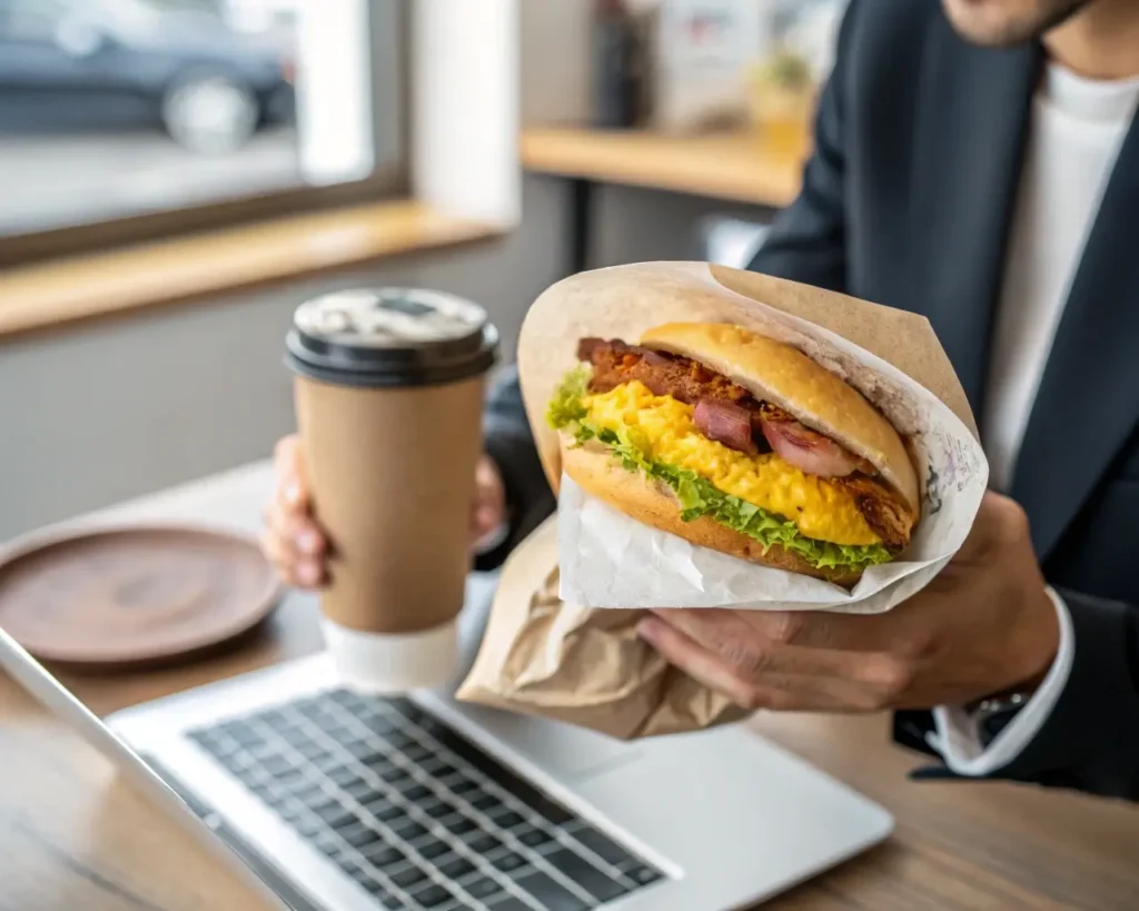 Quick morning meals for busy people – breakfast sandwich on the go.