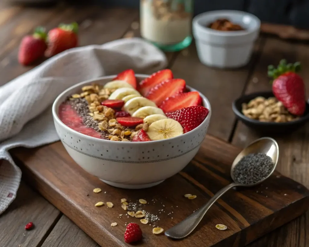 Quick morning meals for busy people – smoothie bowl with fresh fruits.