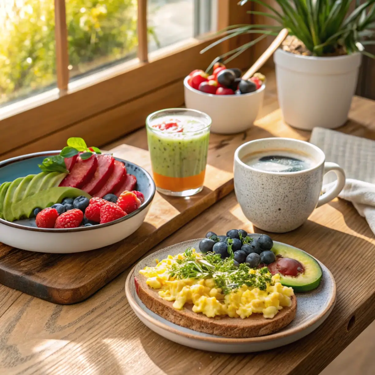 Quick morning meals for busy people – colorful and healthy breakfast spread.