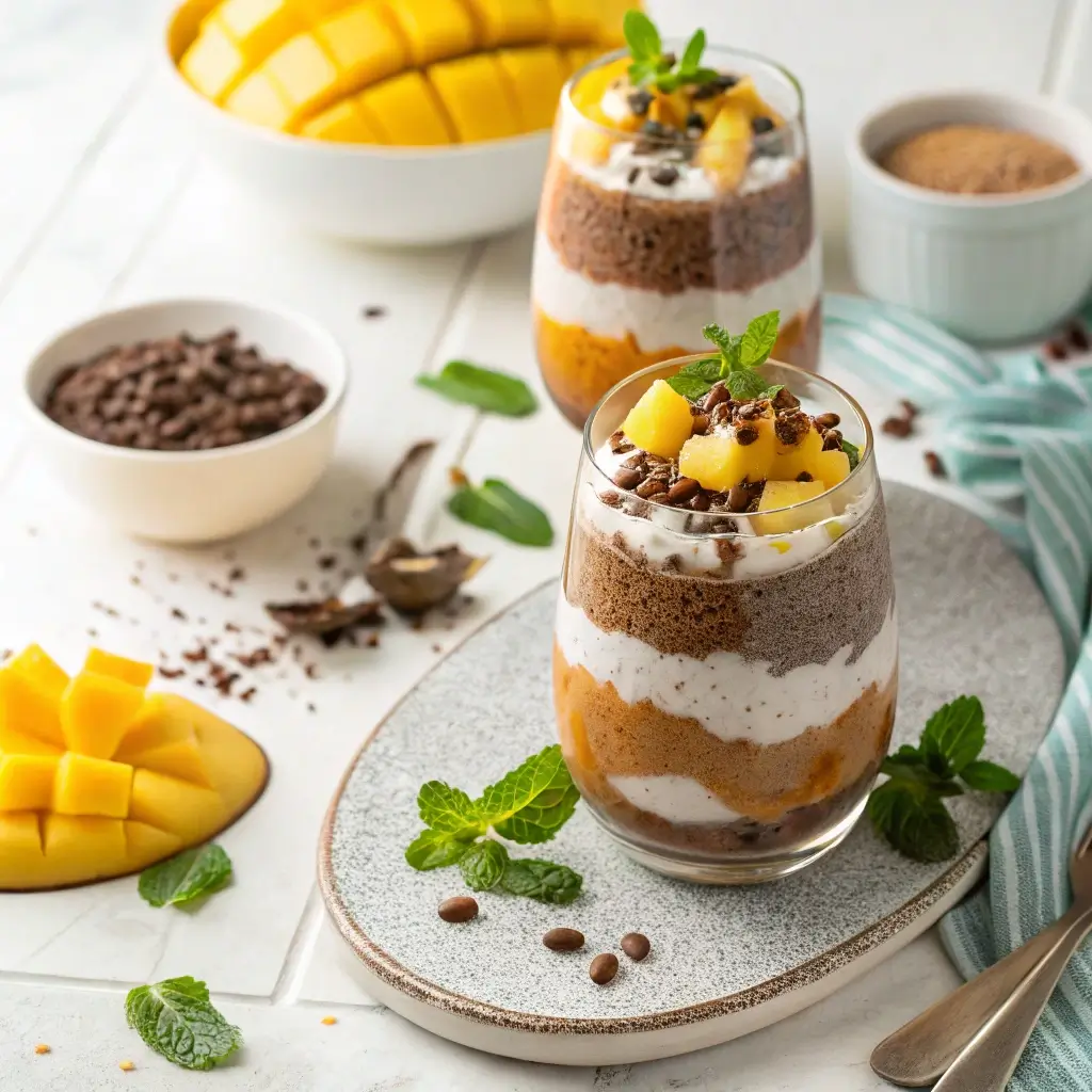 Layered cacao chia pudding parfait with coconut yogurt, mango, and mint leaves."