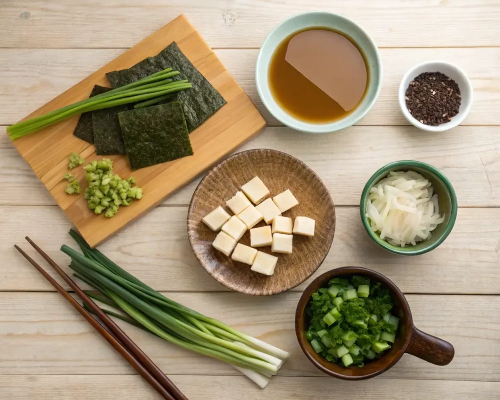 "Three bowls of miso soup showcasing classic, spicy, and seafood variations."

