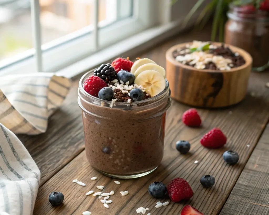 A bowl of creamy cacao chia pudding topped with fresh berries, banana slices, and shredded coconut.