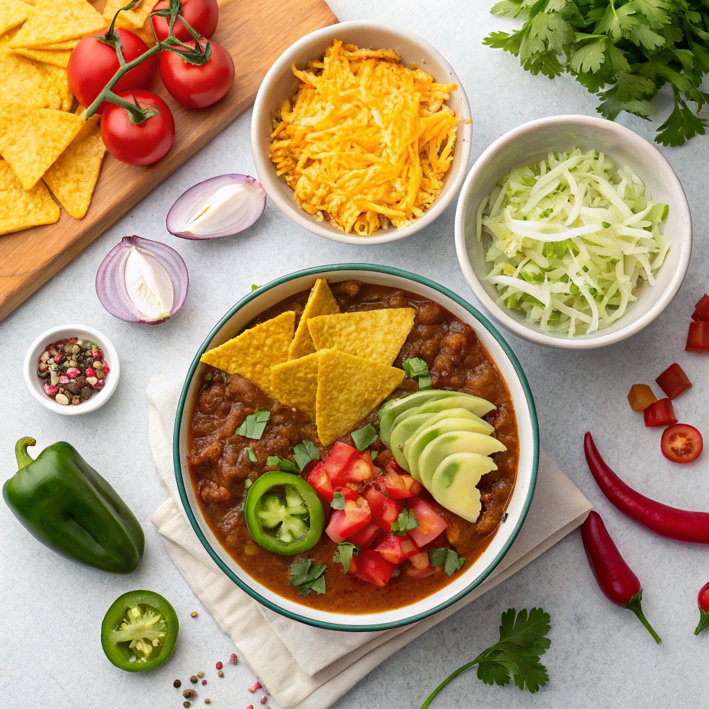 Overhead view of a taco soup topping bar with Fritos, shredded cheese, diced tomatoes, jalapeños, and fresh cilantro.