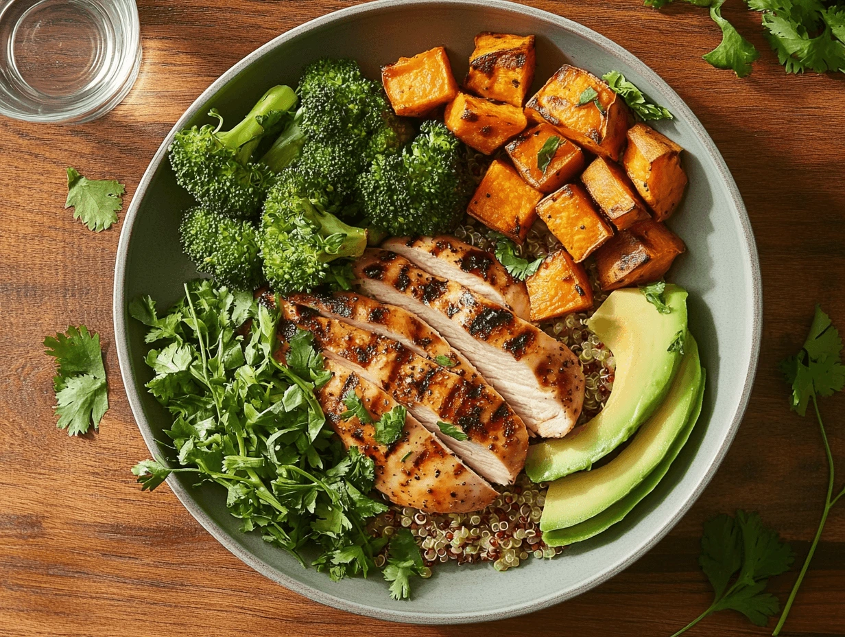 A colorful plate with grilled chicken, quinoa, roasted sweet potatoes, and avocado slices, ideal for recipes for weight loss.