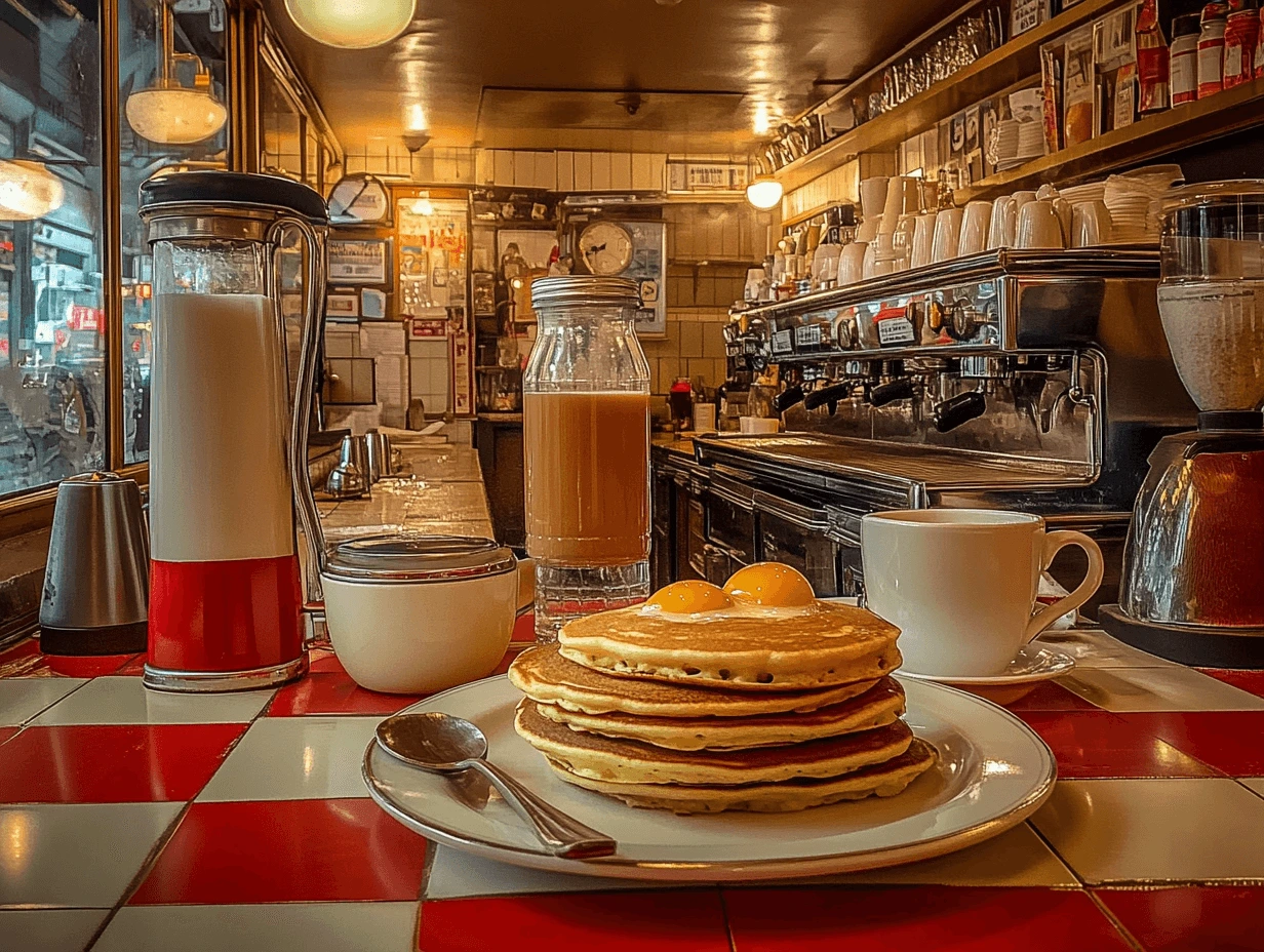 Classic NYC diner breakfast with pancakes and coffee near Central Park.