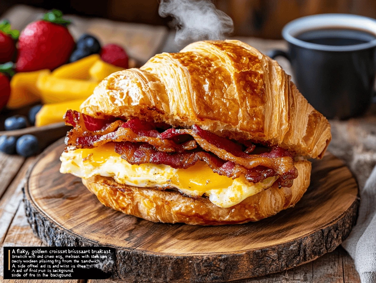 Croissant breakfast sandwich with egg, cheese, and bacon on a plate with fruit and coffee.