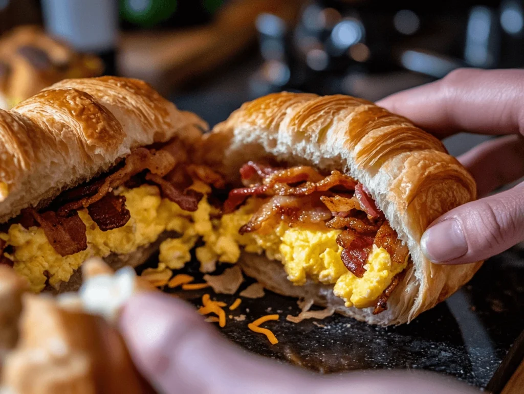 Hands assembling a croissant breakfast sandwich with eggs, bacon, and cheese in a kitchen setting. A hands-on preparation of a croissant breakfast sandwich, capturing the process of slicing, layering eggs and bacon, and melting cheese to create the perfect homemade breakfast.