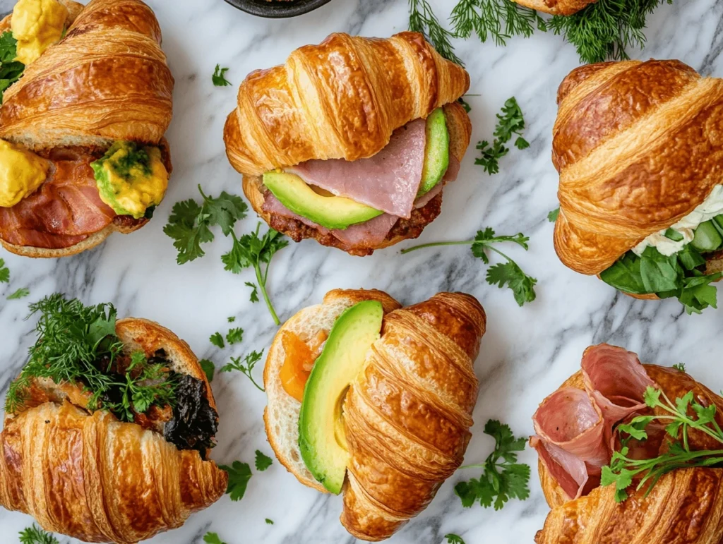 Assorted croissant breakfast sandwiches with different fillings, arranged on a marble countertop.