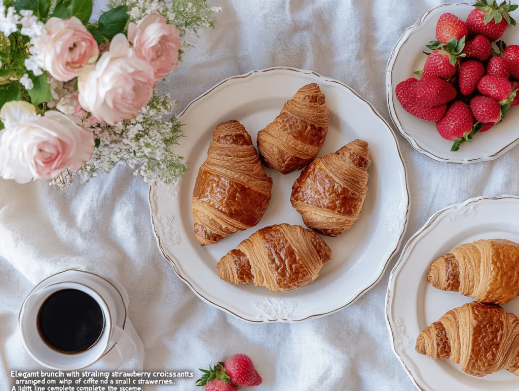 A brunch table featuring strawberry croissants, coffee, and a bowl of strawberries with a floral centerpiece.