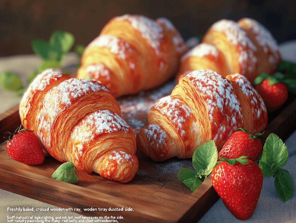 Freshly baked strawberry croissants dusted with powdered sugar, garnished with ripe strawberries and mint leaves.
