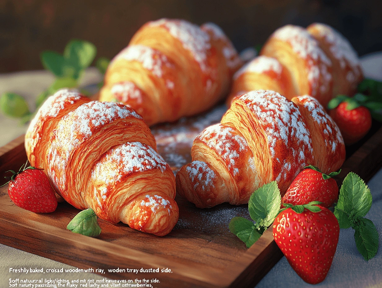 Freshly baked strawberry croissants dusted with powdered sugar, garnished with ripe strawberries and mint leaves.