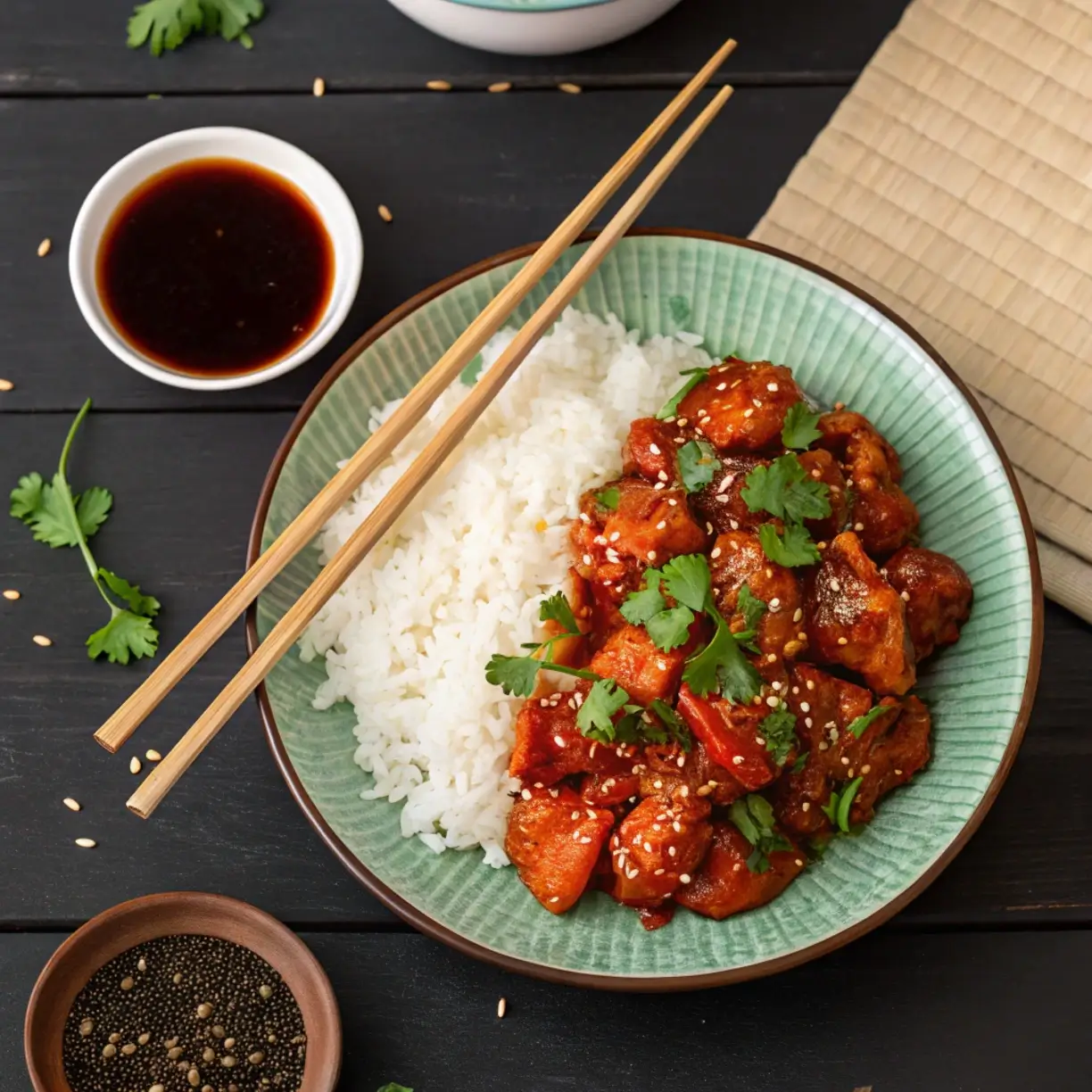 Chilli chicken recipe gravy served with steamed rice and garnished with fresh herbs.