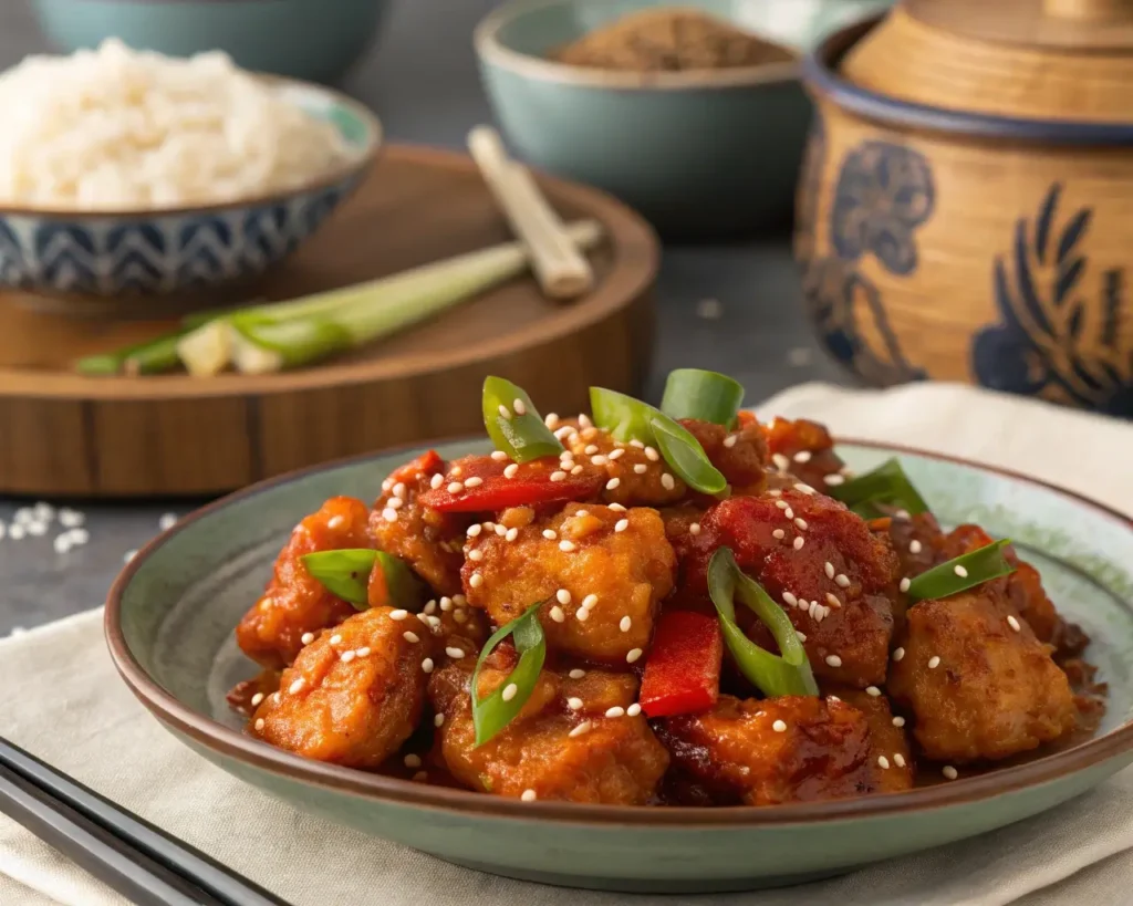 Close-up of chilli chicken recipe gravy with crispy chicken in a thick, spicy sauce.