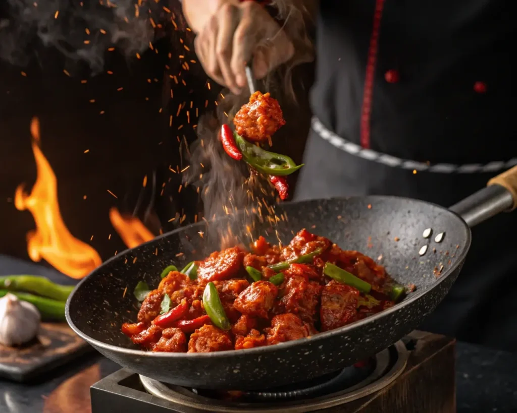 Chef tossing chilli chicken recipe gravy in a wok with flames in the background.