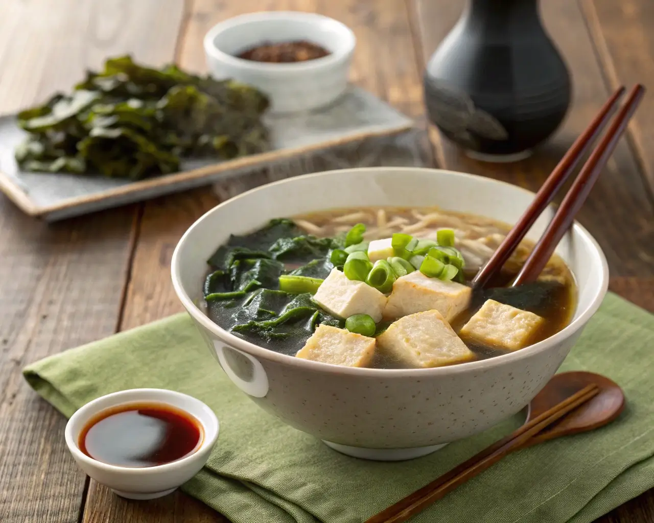 "Traditional Japanese miso soup recipes with tofu, seaweed, and green onions in a ceramic bowl."