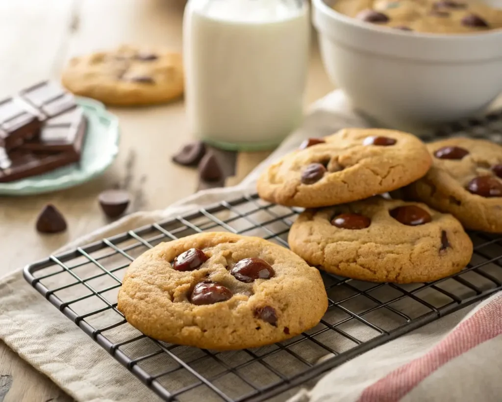 Soft Chocolate Chip Cookies That Everyone Loves cooling on a rack with gooey chocolate chips.