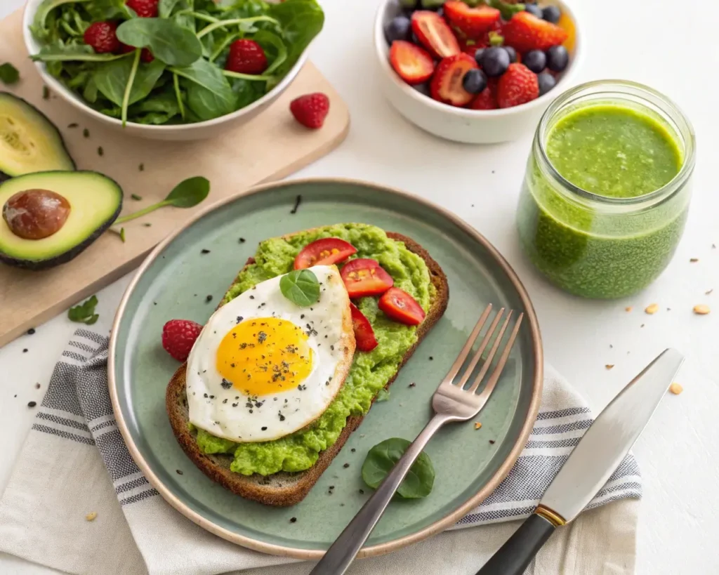 Easy Avocado Toast with Fried Egg and Sriracha served with fruit salad and a green smoothie for a balanced meal.