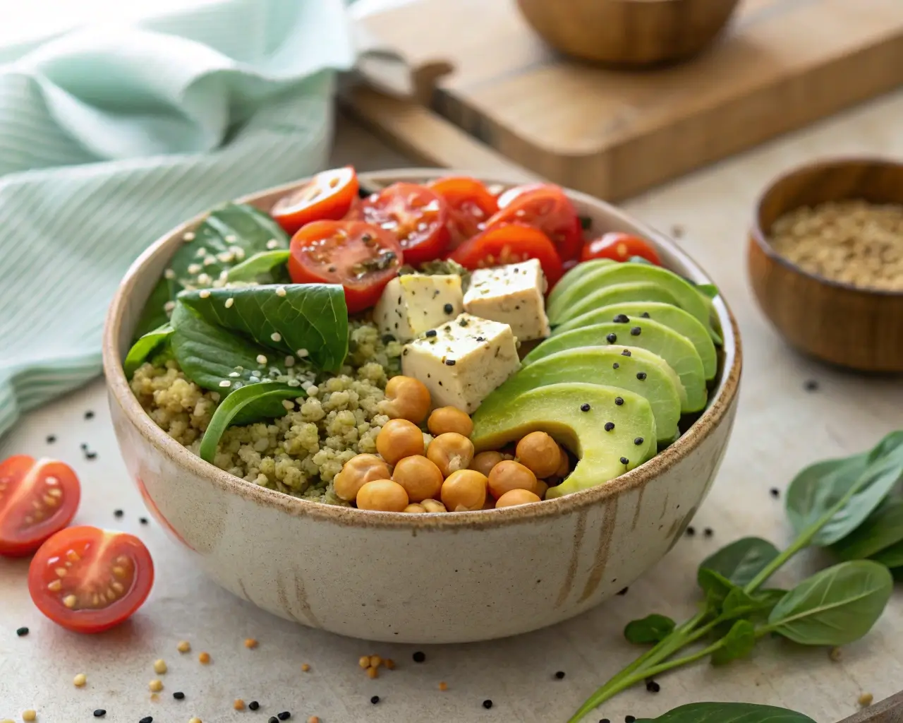 High protein vegetarian foods in a colorful protein bowl with quinoa, chickpeas, and tofu