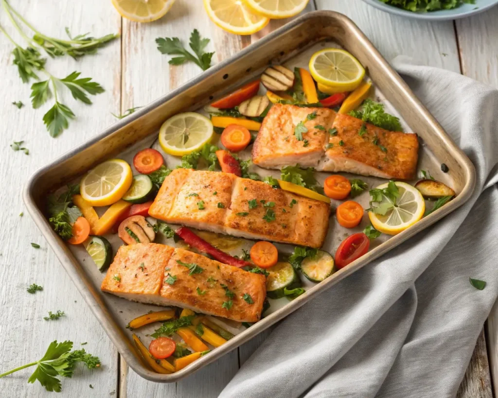 Oven-roasted salmon with vegetables recipe featuring baked salmon fillets, roasted carrots, and zucchini on a sheet pan.