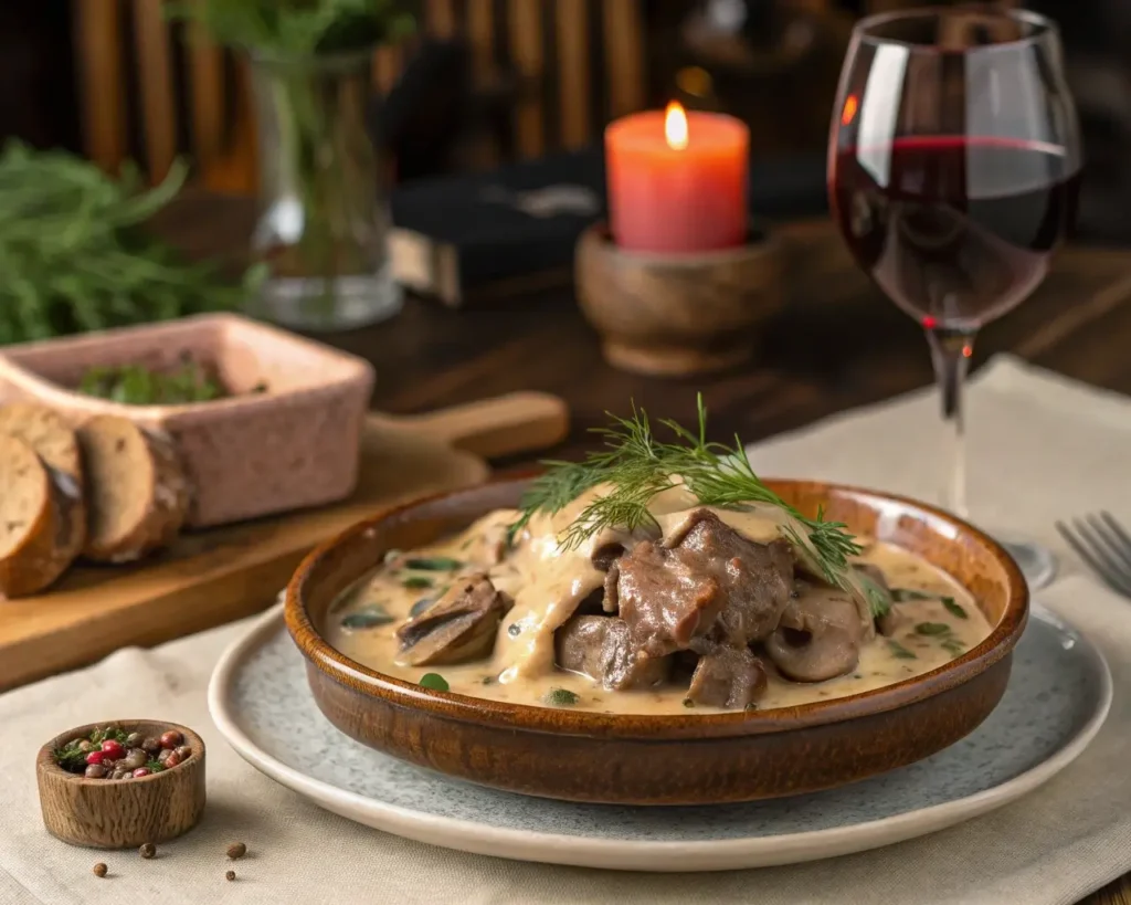 Beef Stroganoff Recipe – Classic beef stroganoff with creamy sauce and red wine pairing