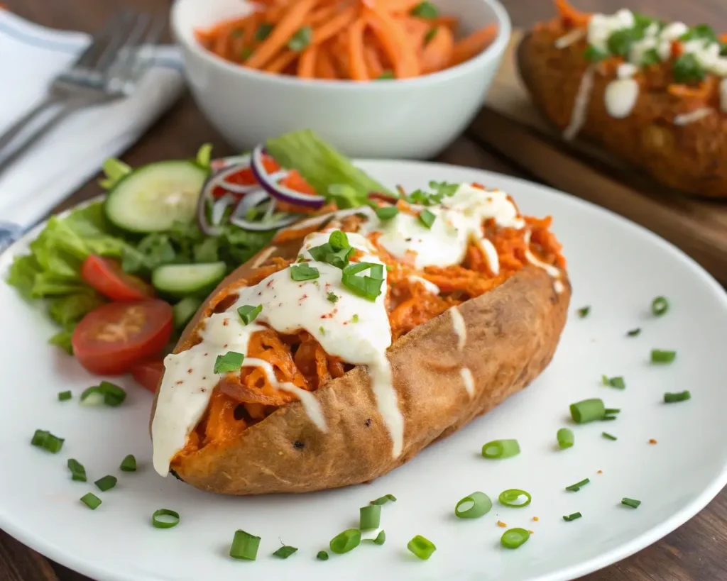 "Buffalo chicken stuffed sweet potatoes with toppings"