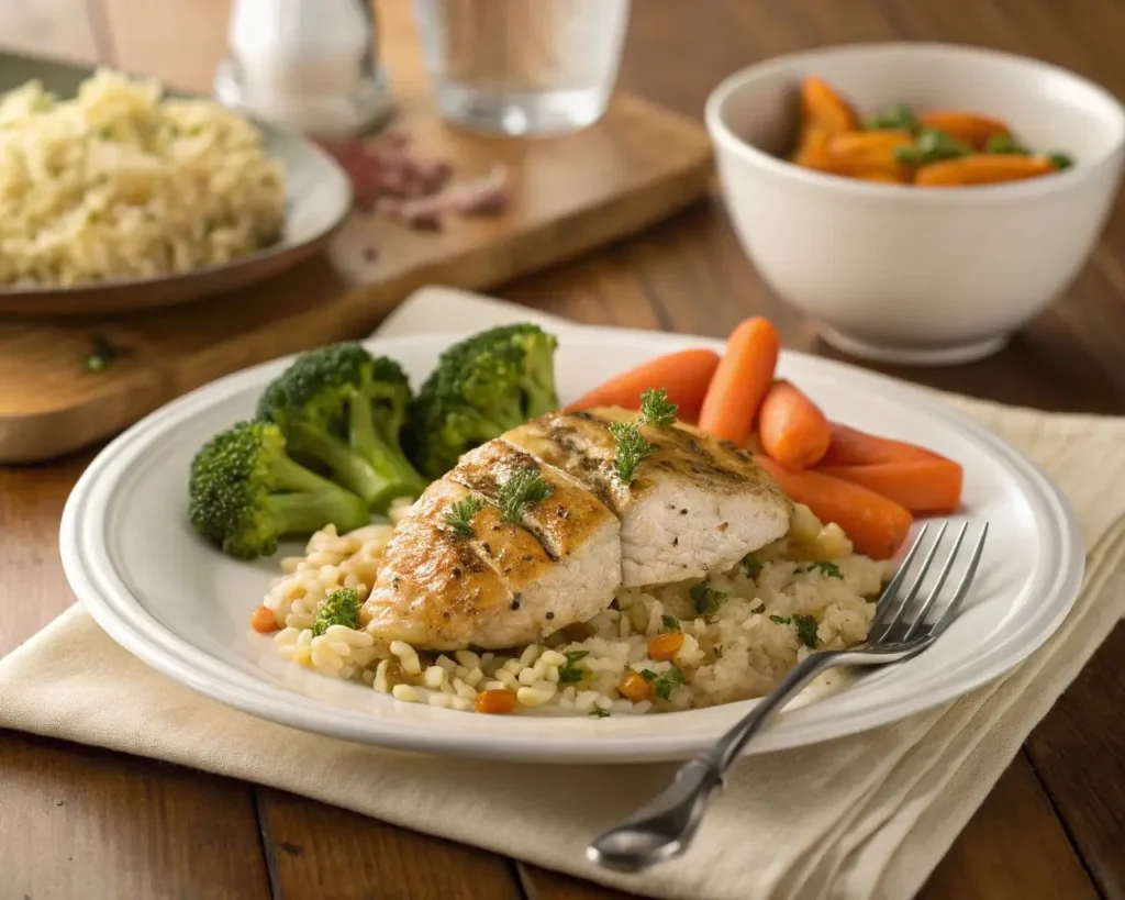 Plated Ranch Chicken and Rice with a side of fresh vegetables.