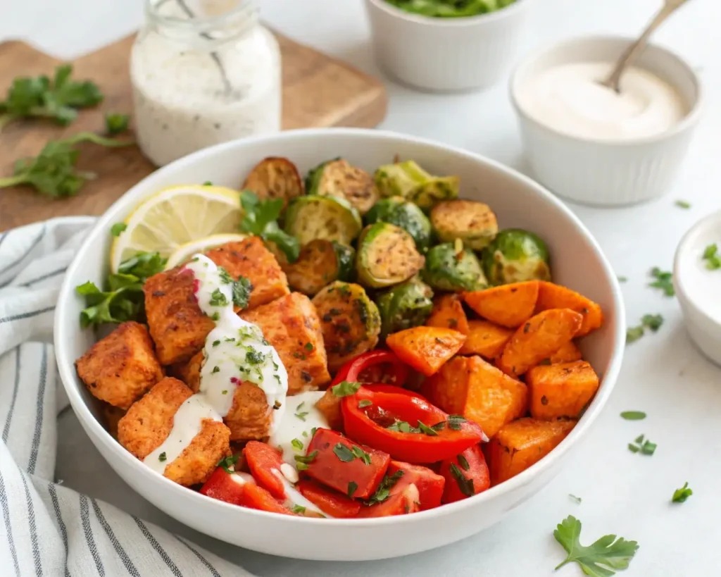 Air-fried salmon with vegetables recipe featuring crispy salmon bites, Brussels sprouts, and sweet potatoes in a bowl.