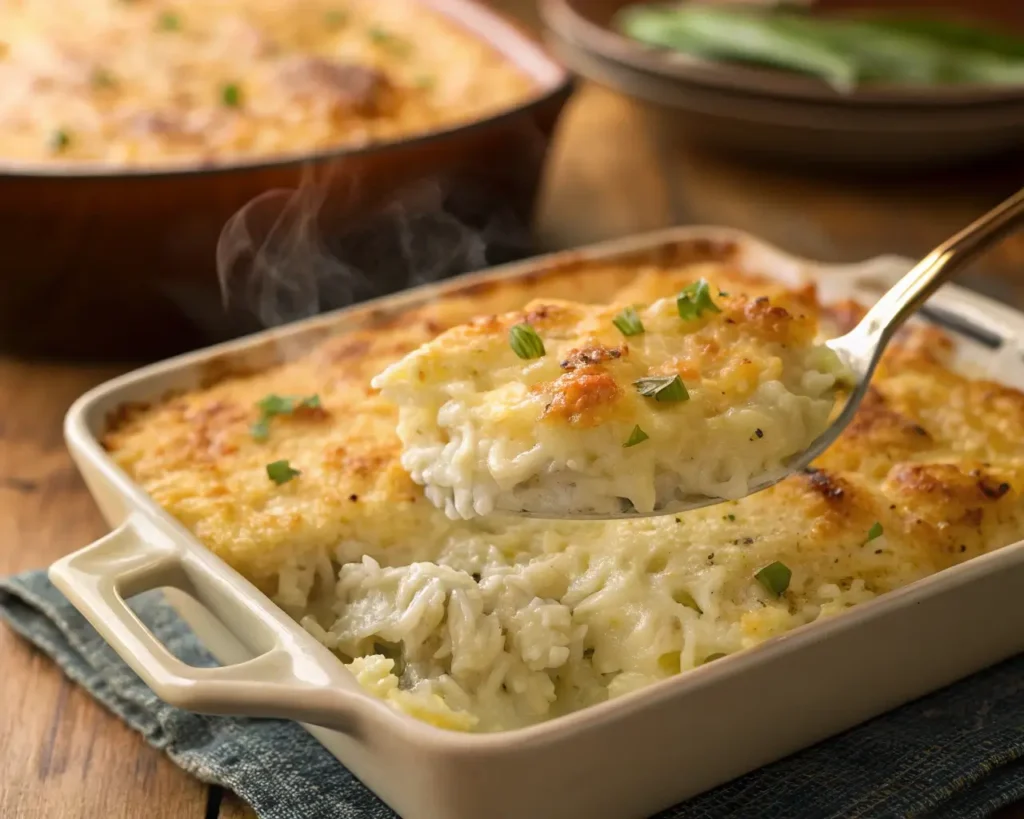 Cheesy baked Ranch Chicken and Rice casserole fresh from the oven.