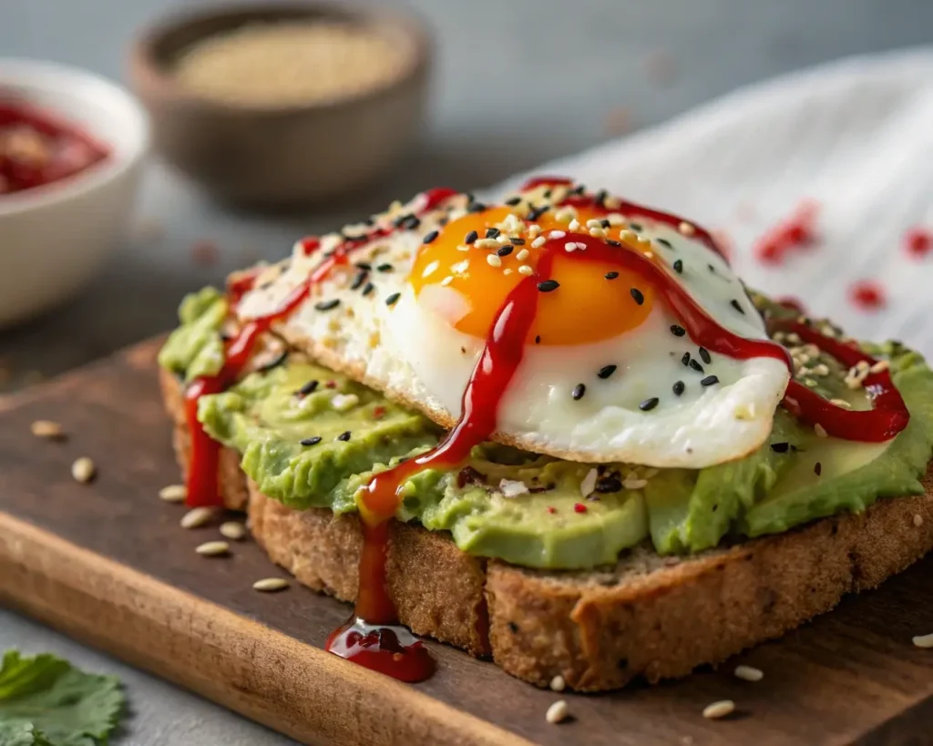 Easy Avocado Toast with Fried Egg and Sriracha, drizzled with spicy sauce and topped with sesame seeds.