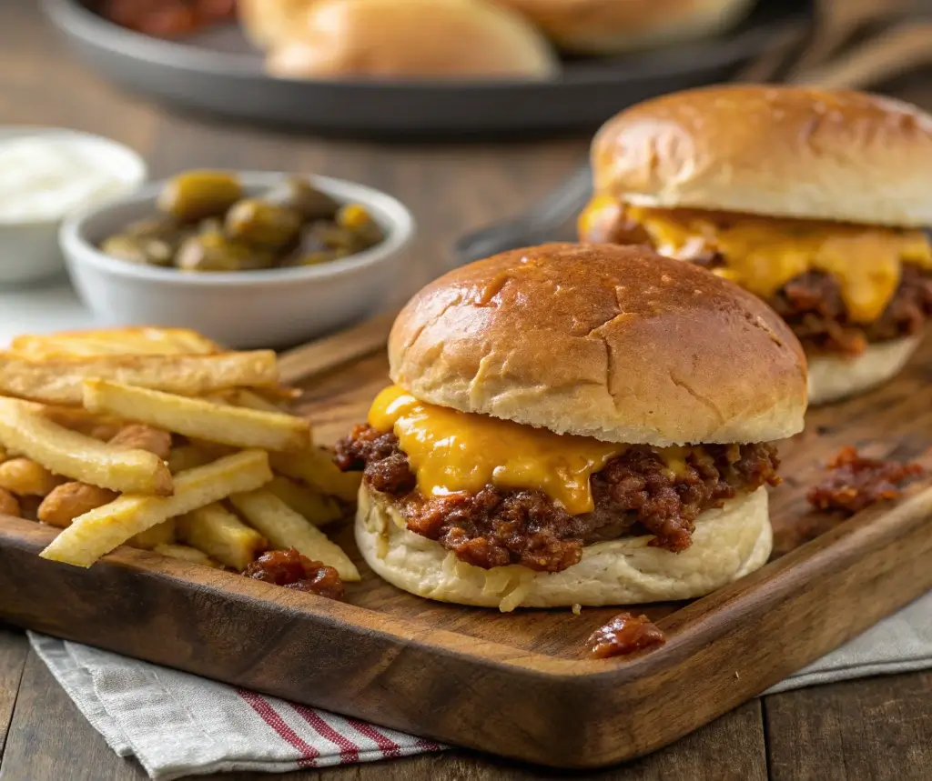 Sloppy Joe sliders with cheese served on a wooden tray with fries and pickles.