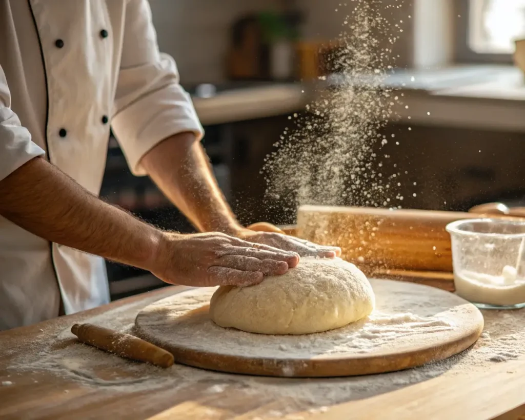 Hands kneading the best homemade pizza dough on a floured wooden surface.