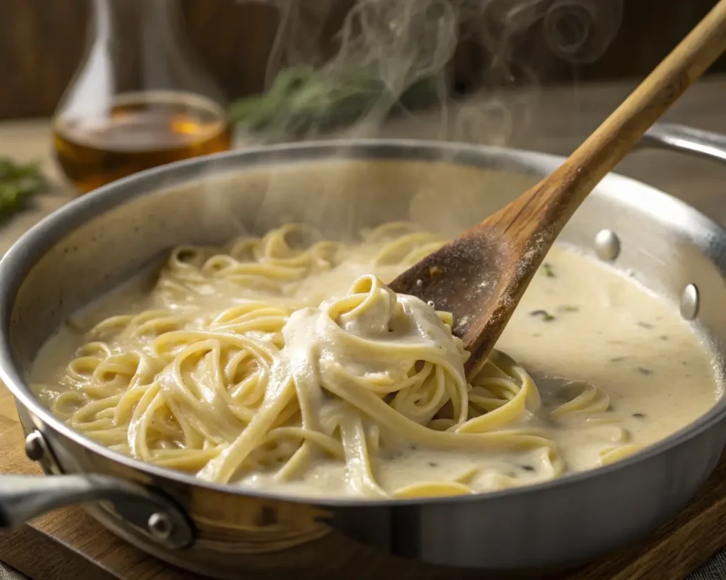 Homemade Alfredo sauce recipe simmering in a pan with a wooden spoon