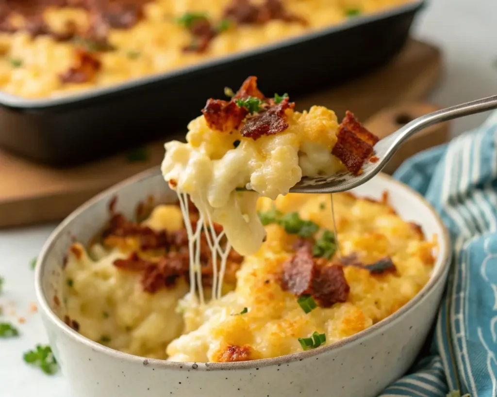 A forkful of gooey Loaded Cauliflower Mac and Cheese with melted cheese pull Title: Cheesy Forkful of Loaded Cauliflower Mac and Cheese