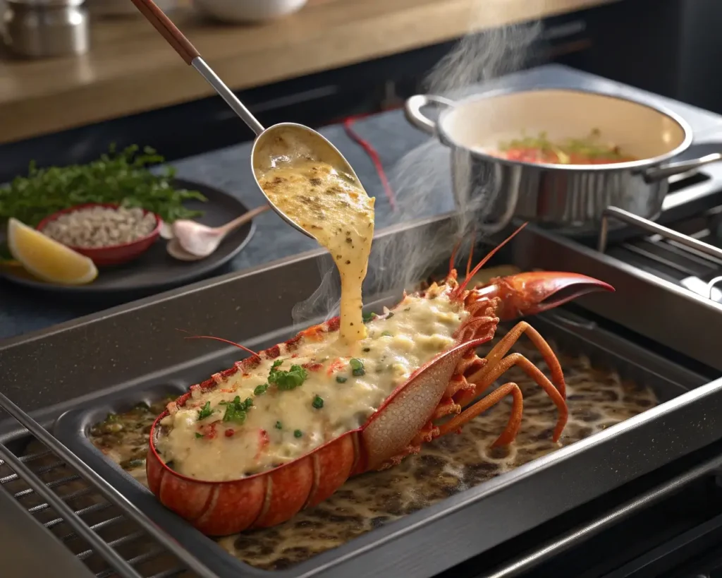 Assembling and broiling Creamy Lobster Thermidor Recipe with cheese topping